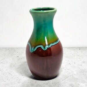 Vintage Teal Brown Drip Glaze Pottery Bud Vase 6" MCM Retro Artisan Studio Decor